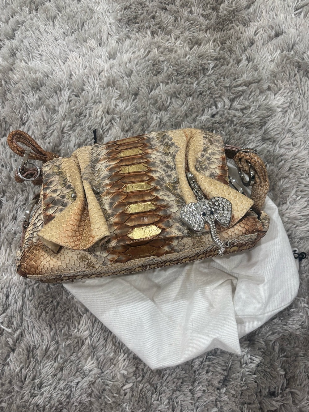 Python-Effect Leather Shoulder Bag with Crystal elephant Accent - Beige/Brown